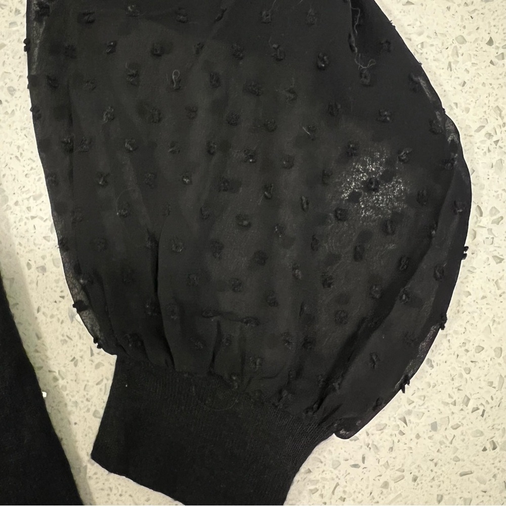 LILY MORGAN Black Light Sweater with Sheer Polka Dot Embroidered Sleeves Size SM - Picture 6 of 6